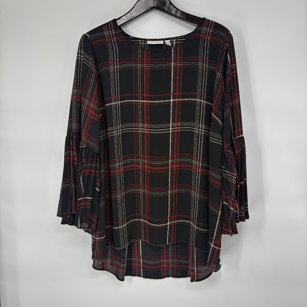Susan Graver Blouse Womens 22W Black Plaid‎ 3/4 Bell Sleeve Ruffle Tunic Top